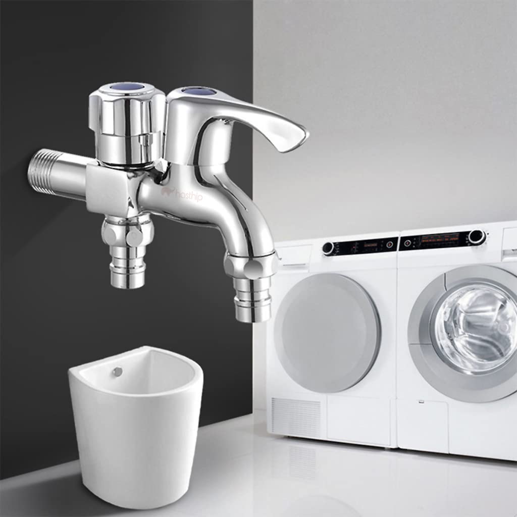 HASTHIP 2 in 1 Brass Dual Tap for Washing Machine, Two Way Tap for Washing Machine, Washing Machine Taps with Wall Flange, Hrome-Plated Copper, for Bathroom/Kitchen (Silver) HASTHIP 2 in 1 Brass Dual Tap for Washing Machine, Two Way Tap for Washing Machine, Washing Machine Taps with Wall Flange, Hrome-Plated Copper, for Bathroom/Kitchen (Silver)